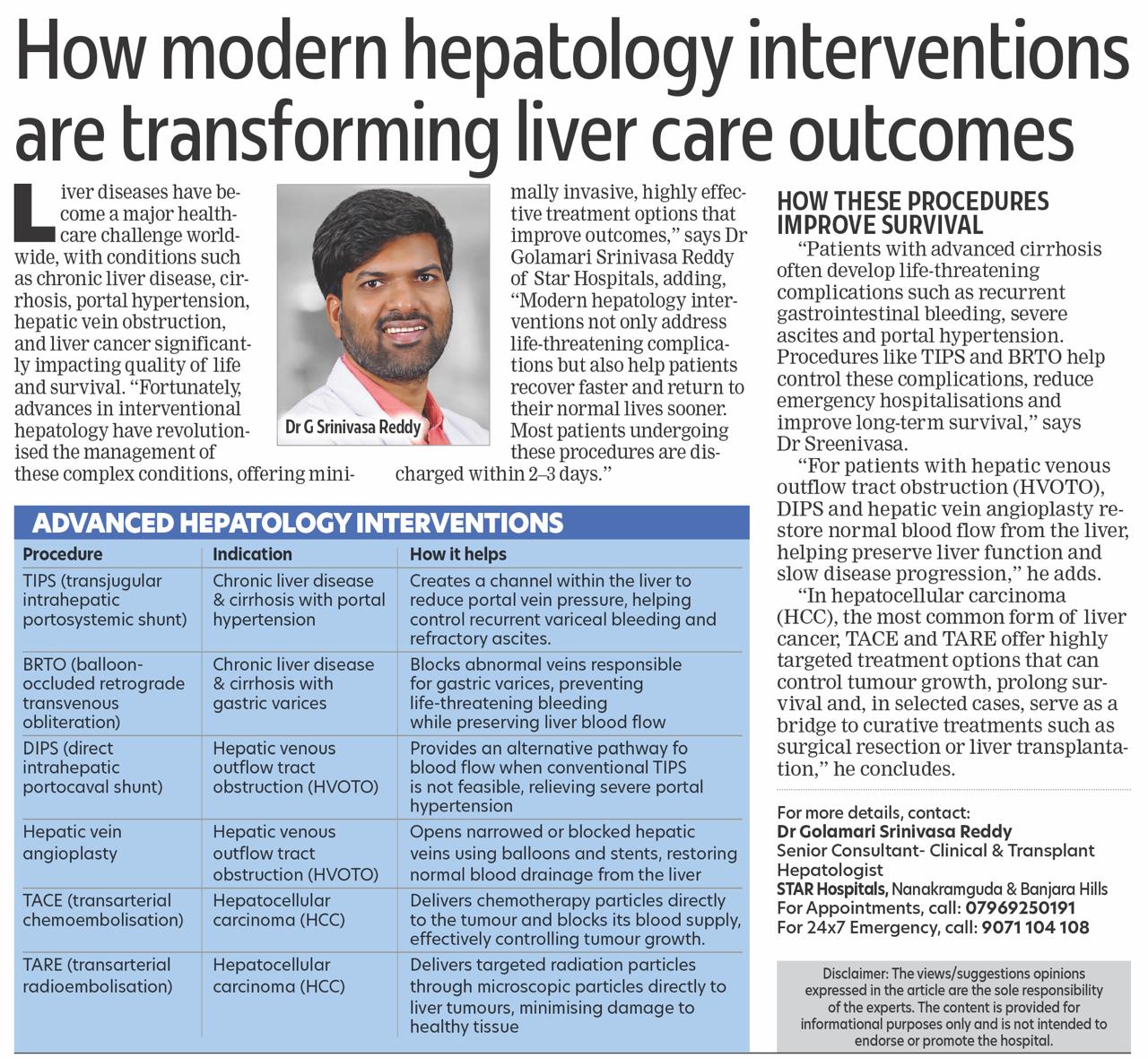 Dr. G. Srinivasa Reddy explaining advanced hepatology interventions including TIPS, BRTO, DIPS, TACE and TARE for improved liver care outcomes